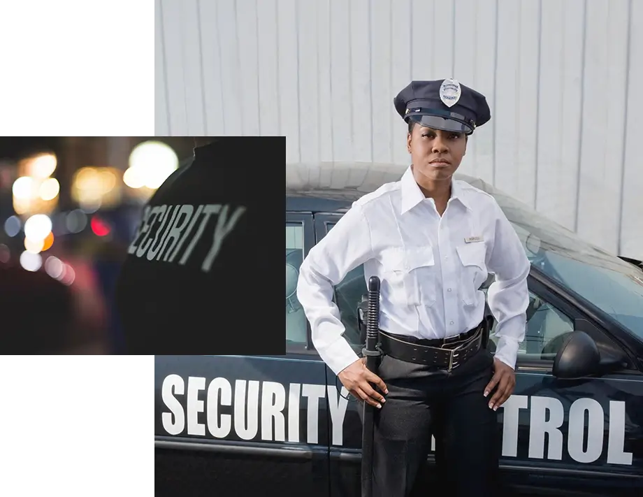 A security guard standing in front of a building.