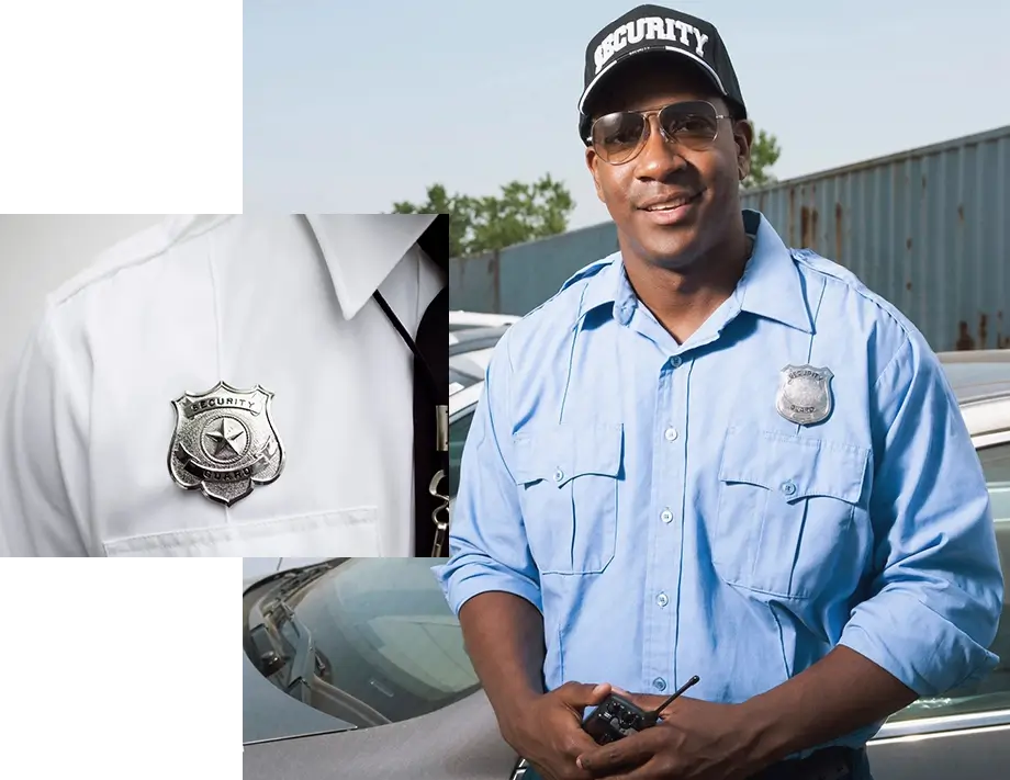 A man in blue shirt and cap holding a police badge.