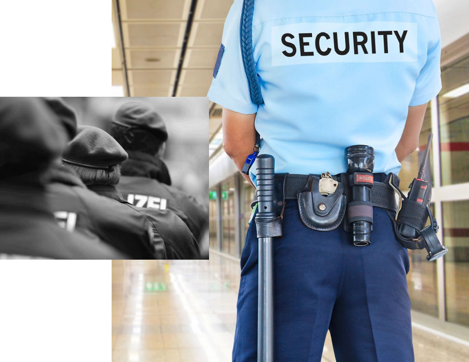 A security guard standing next to a picture of a person.