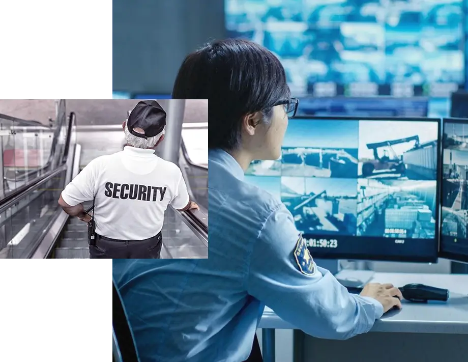 A security guard is looking at the computer screen.